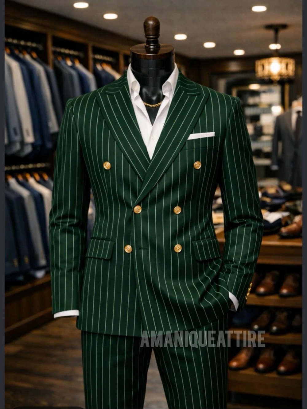 Double-Breasted Green Pinstripe Suit with Gold Buttons